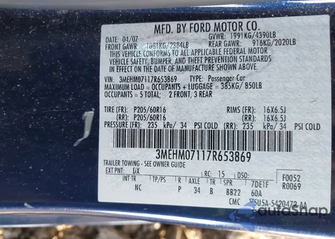 2007 Mercury Milan V6 from USA, damaged, VIN 3MEHM07117R653869